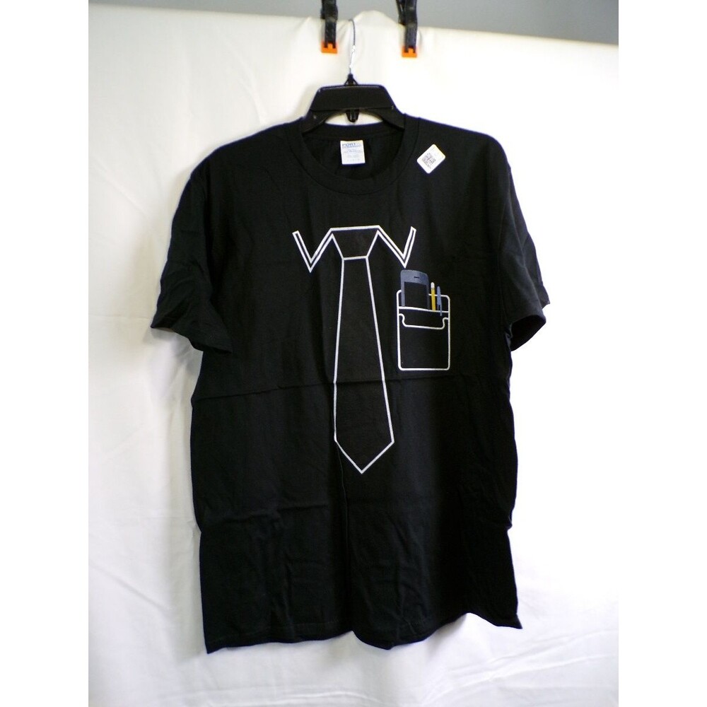 Port & Company Men's T-Shirt L Black Faux Tie Pocket Graphic Core Cotton